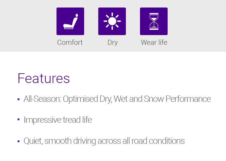 Wet, Wear Life, Dry, Features - 1.Summer : Optimised dry, wet performance, 2.Impressive tread life, 3.Quiet, smooth driving across all road conditions