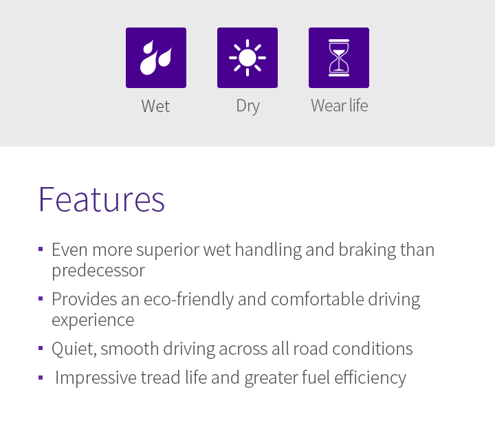 Wet, Wear Life, Dry, Features - 1.Summer : Optimised dry, wet performance, 2.Impressive tread life, 3.Quiet, smooth driving across all road conditions