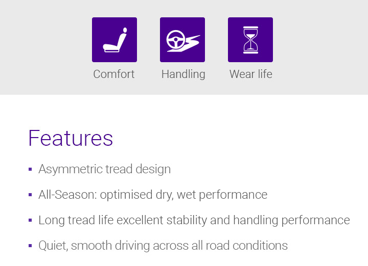 Wet, Dry, Fuel Efficiency, Features - 1.Asymmetric tread design, 2.Summer : Optimised dry, Wet performance, 3.Long tread life, 4.Excellent stability and handling performance, 5.Quiet, smooth driving