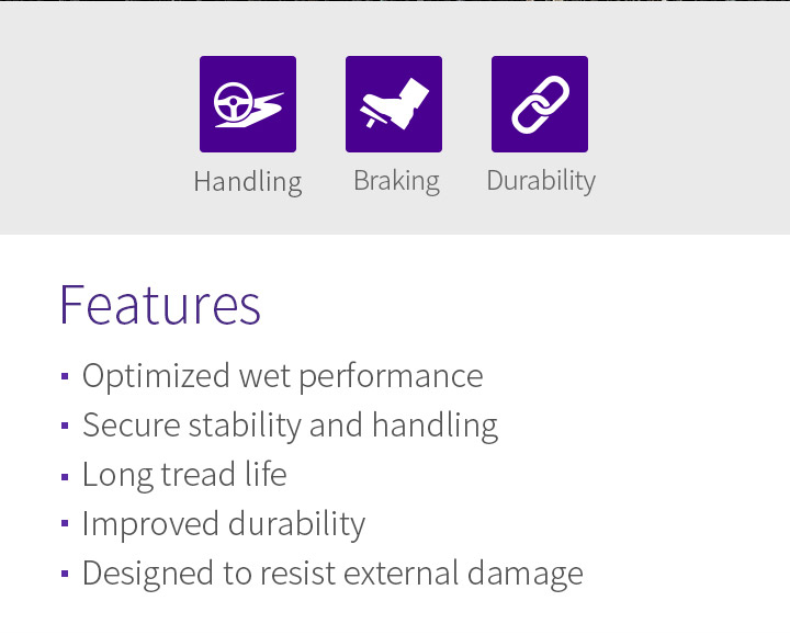 Handling, Braking, Durability, Features - 1.Optimised wet performance, 2.Secure stability and handling, 3.Long tread life, 4.Improved durability, 5.Designed to resist external damage