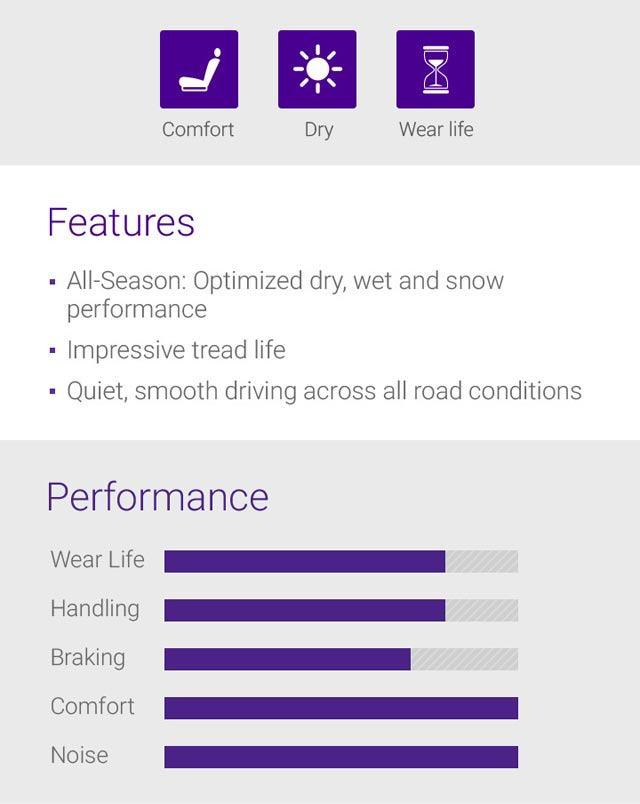 Wet, Wear Life, Dry, Features - 1.Summer : Optimised dry, wet performance, 2.Impressive tread life, 3.Quiet, smooth driving across all road conditions