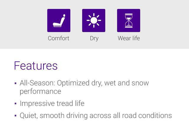 Wet, Wear Life, Dry, Features - 1.Summer : Optimised dry, wet performance, 2.Impressive tread life, 3.Quiet, smooth driving across all road conditions
