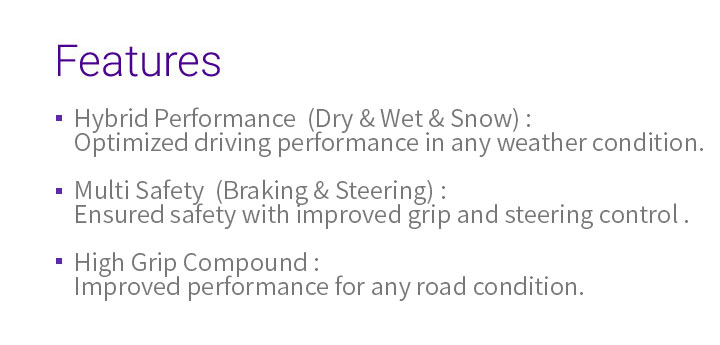 Wet, Wear Life, Dry, Features - 1.Summer : Optimised dry, wet performance, 2.Impressive tread life, 3.Quiet, smooth driving across all road conditions