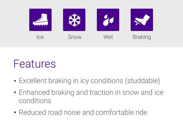 Wet, Snow, Braking, Traction, Features - 1.Stable driving performance and excellent grip on wet conditions, 2.Enhanced braking and traction in snowy and wet conditions, 3.Delivers comfortable driving during long wear life