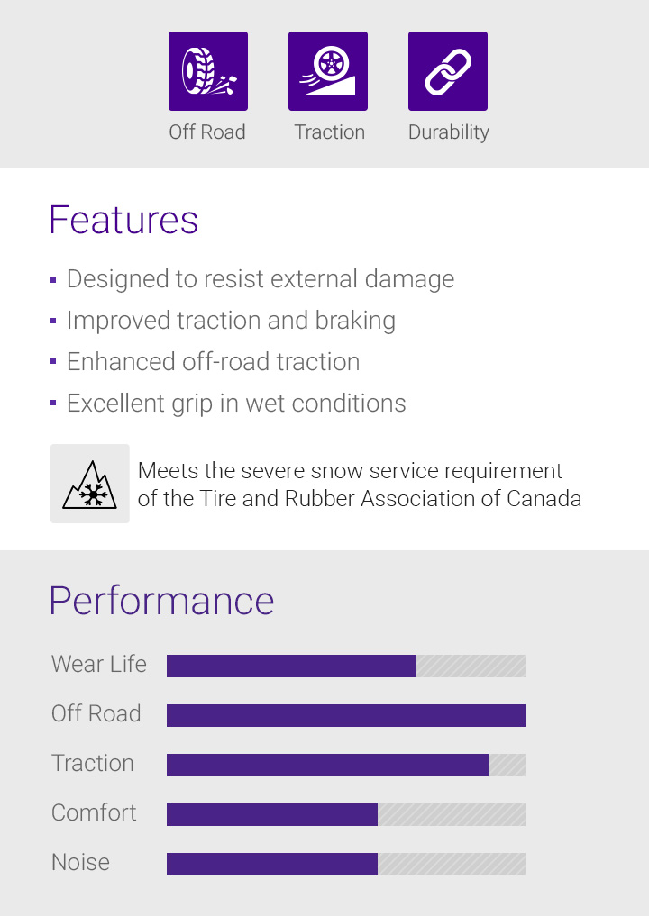 Handling, Braking, Durability, Features - 1.Optimised wet performance, 2.Secure stability and handling, 3.Long tread life, 4.Improved durability, 5.Designed to resist external damage