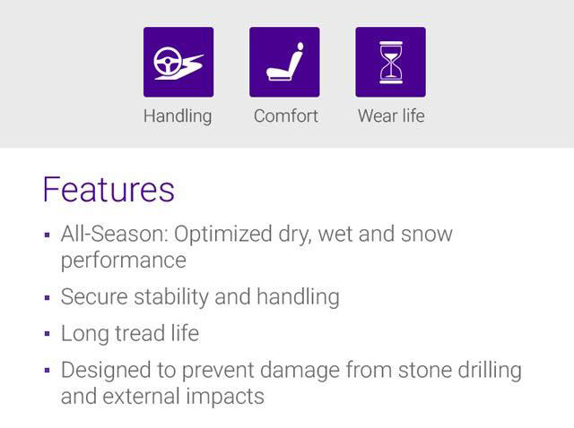 Handling, Braking, Durability, Features - 1.Optimised wet performance, 2.Secure stability and handling, 3.Long tread life, 4.Improved durability, 5.Designed to resist external damage
