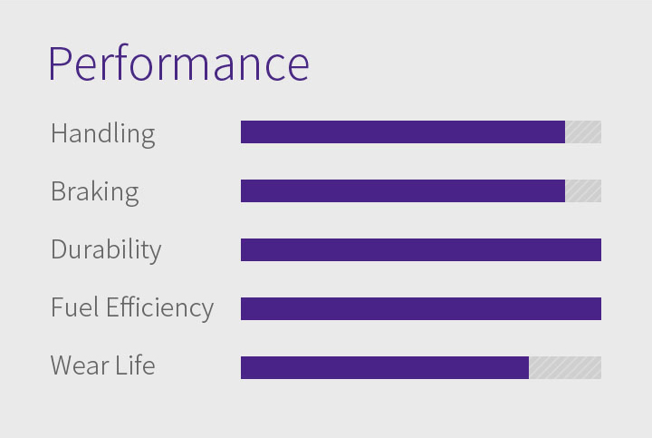 Handling, Braking, Durability, Features - 1.Optimised wet performance, 2.Secure stability and handling, 3.Long tread life, 4.Improved durability, 5.Designed to resist external damage