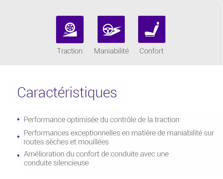 Traction,Maniabilité,Confort,Caractéristiques - Performance optimisée du contrôle de la traction,Performances exceptionnelles en matière de maniabilité sur routes sèches et mouillées，Amélioration du confort de conduite avec une conduite silencieuse