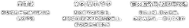 高性能.即使处于高速行驶状态依然平稳,全季/夏季/冬季.无论季节如何变化，即使是在湿滑和积雪的路面，都能适应当前路况, 铺装道路用/越野用轮胎. 无论上班、朋友见面、还是去旅行，一直与你相伴