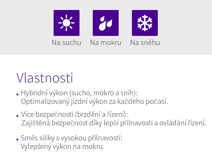 Na suchu, Na mokru, Na sněhu, Specifikace pneumatiky - 1.Hybridní výkon (sucho, mokro a sníh): Optimalizovaný jízdní výkon za každého počasí, 2.Více bezpečnosti (brzdění a řízení): Zajištěná bezpečnost díky lepší přilnavosti a ovládání řízení, 3.Směs siliky s vysokou přilnavostí: Vylepšený výkon na mokru