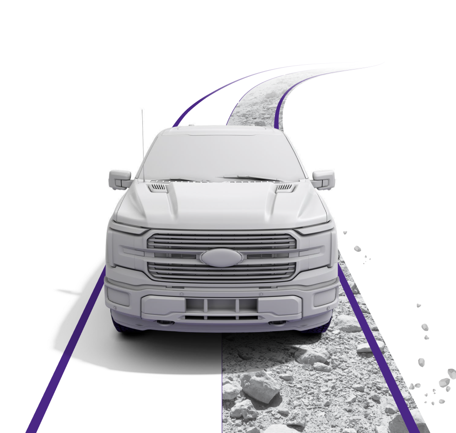 The left side of the road is on-road, the right side is off-road, and the car is positioned on the road.