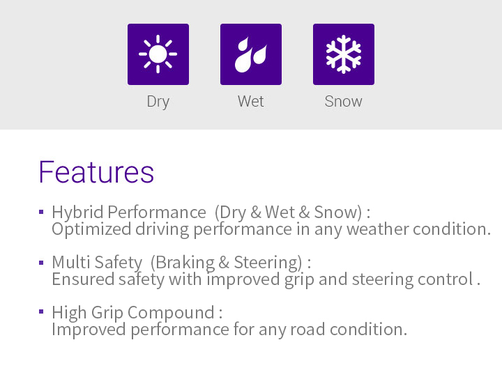 Wet, Wear Life, Dry, Features - 1.Summer : Optimised dry, wet performance, 2.Impressive tread life, 3.Quiet, smooth driving across all road conditions