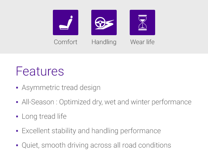 Wet, Dry, Fuel Efficiency, Features - 1.Asymmetric tread design, 2.Summer : Optimised dry, Wet performance, 3.Long tread life, 4.Excellent stability and handling performance, 5.Quiet, smooth driving