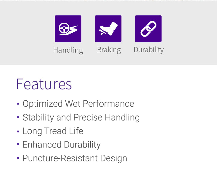 Handling, Braking, Durability, Features - 1.Optimised wet performance, 2.Secure stability and handling, 3.Long tread life, 4.Improved durability, 5.Designed to resist external damage