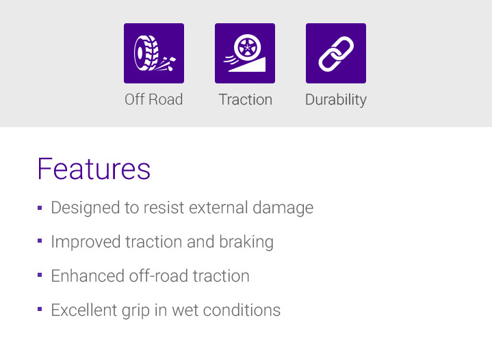 Handling, Braking, Durability, Features - 1.Optimised wet performance, 2.Secure stability and handling, 3.Long tread life, 4.Improved durability, 5.Designed to resist external damage