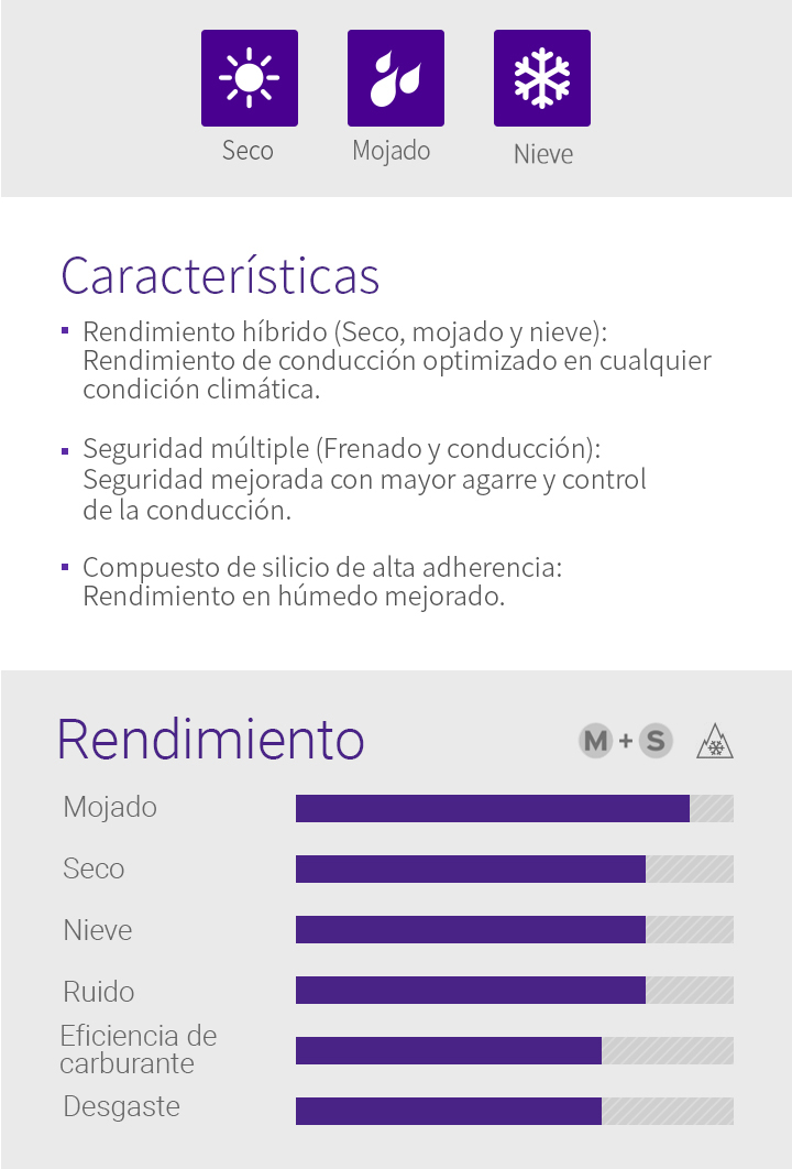 Seco, Mojado, Nieve, Features - 1.Rendimiento híbrido , 2.Seguridad múltiple, 3.Compuesto de silicio de alta adherencia