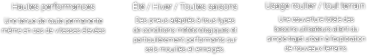 Des performances élevées - La stabilité en permanence même en cas de conduite à des vitesses élevées. , Toute saison / Été / Hiver - Toujours adapté et avec un changement
rapide en fonction des saisons, en particulier en cas de conduite sur des sols mouillés et enneigés. , Sur route / hors route -  Toujours ensemble, en allant au travail ou retrouver des amis, pour explorer de nouveaux endroits.