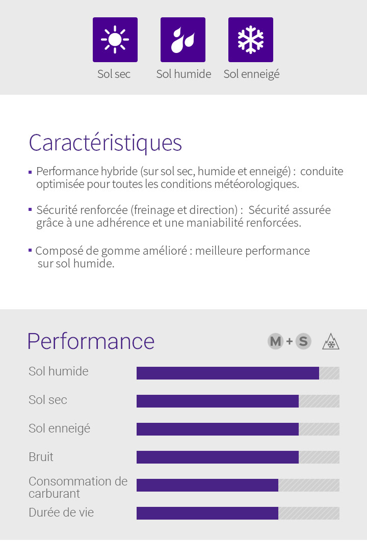 Sol sec,Sol humide,Sol enneigé Caractéristiques
- 1.Performance hybride (sur sol sec, humide et enneigé), 2.Sécurité renforcée (freinage et direction), 3.Composé de gomme amélioré