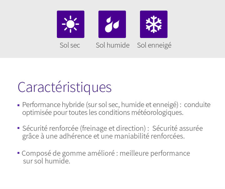 Sol sec,Sol humide,Sol enneigé Caractéristiques - 1.Performance hybride (sur sol sec, humide et enneigé), 2.Sécurité renforcée (freinage et direction), 3.Composé de gomme amélioré