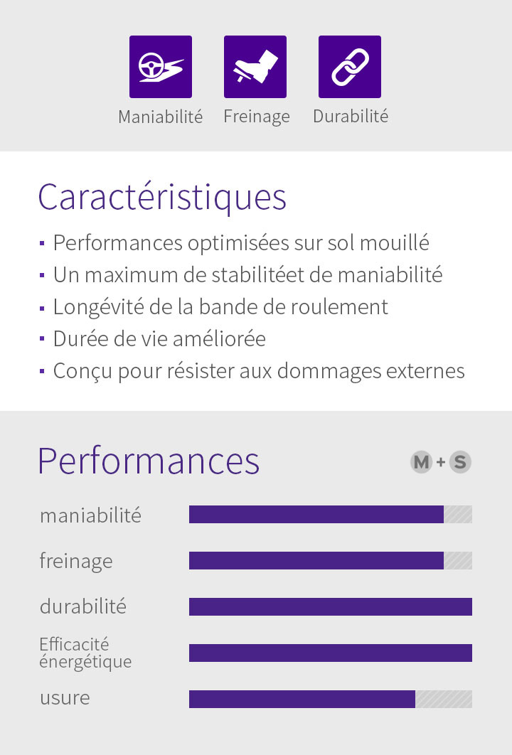 Handling, Braking, Durability, Features - 1.Optimised wet performance, 2.Secure stability and handling, 3.Long tread life, 4.Improved durability, 5.Designed to resist external damage