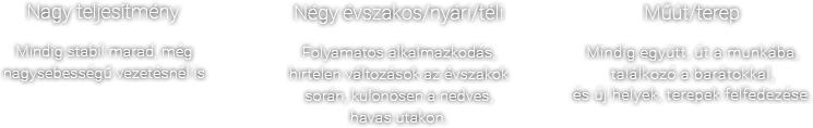 Teljesítmény - Nagy teljesítmény
Mindig stabil marad, még nagysebességű vezetésnél is , Évszakok - Négy évszakos/nyári/téli
Folyamatos alkalmazkodás, hirtelen változások az évszakok során, különösen a nedves, havas utakon. , Út típusa - Műút/terep
Mindig együtt, út a munkába, találkozó a barátokkal, és új helyek, terepek felfedezése.