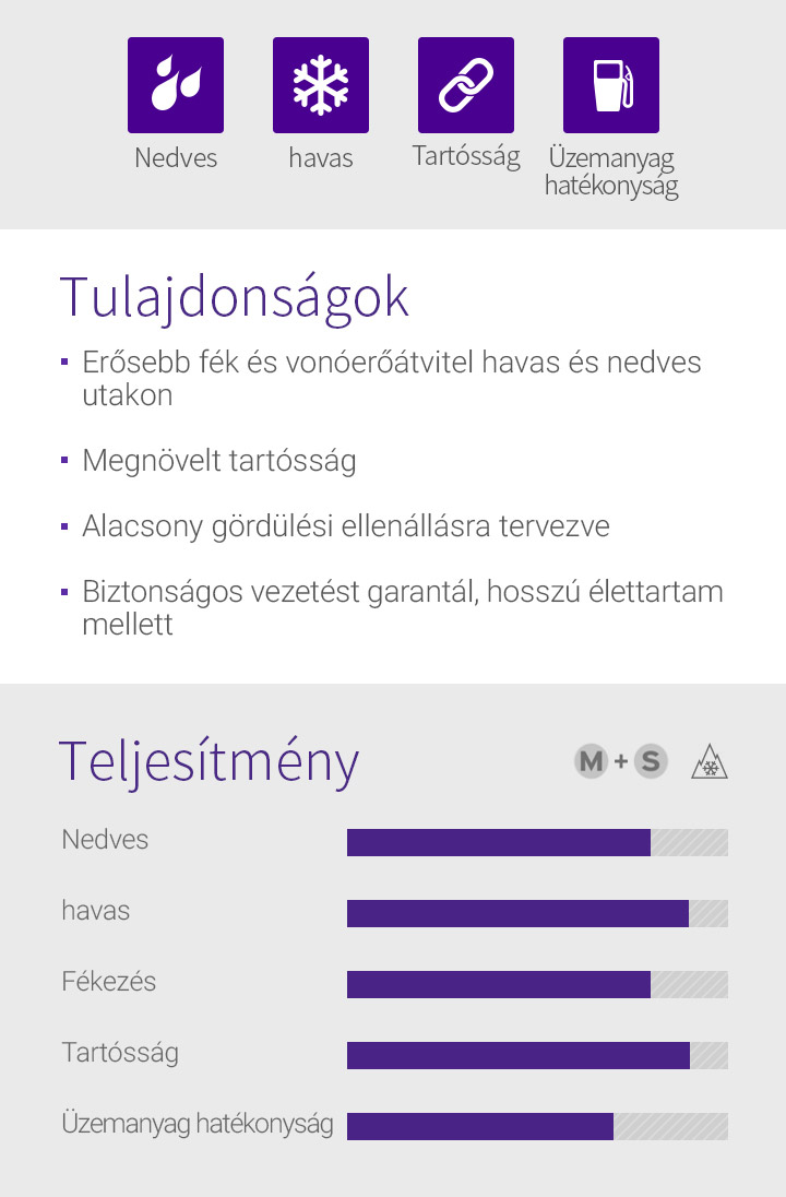 Nedves, havas, Tartósság, Üzemanyag hatékonyság - 1.Erősebb fék és vonóerőátvitel havas és nedves utakon, 2.Megnövelt tartósság, 3.Alacsony gördülési ellenállásra tervezve, 4.Biztonságos vezetést garantál, hosszú élettartam mellett