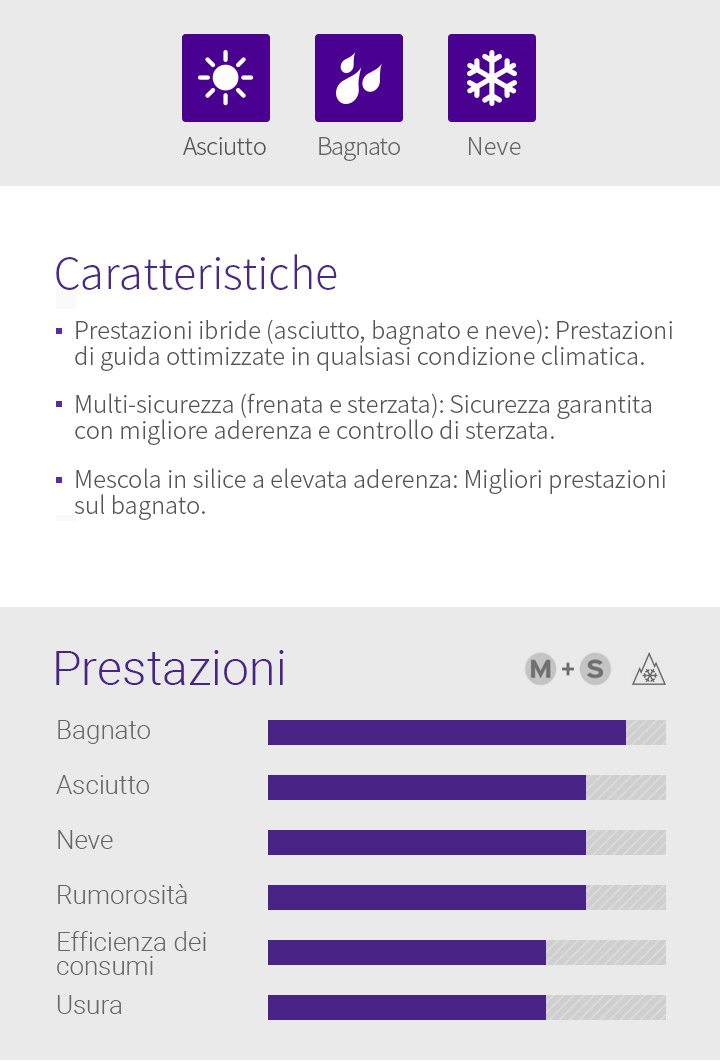 Asciutto, Bagnato, Neve, Features - 1.Prestazioni ibride (asciutto, bagnato e neve): Prestazioni di guida ottimizzate in qualsiasi condizione climatica, 2.Multi-sicurezza (frenata e sterzata): Sicurezza garantita con migliore aderenza e controllo di sterzata, 3.Mescola in silice a elevata aderenza: Migliori prestazioni sul bagnato