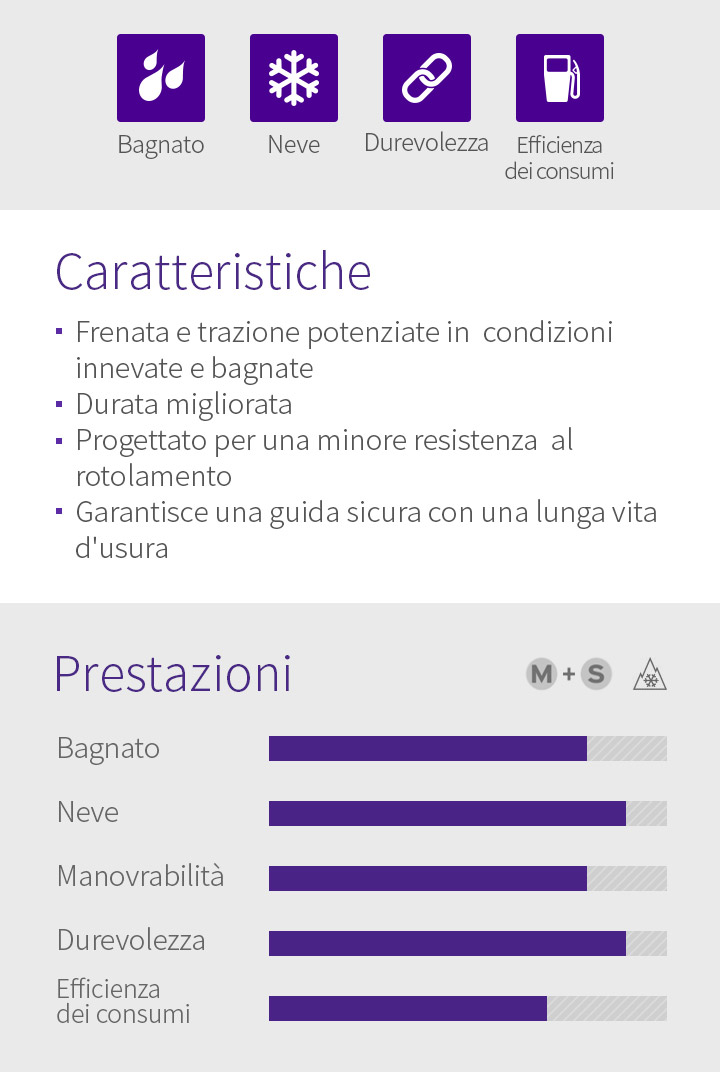 Bagnato, Neve, Durevolezza, Efficienza dei consumi 1.Frenata e trazione potenziate in condizioni innevate e bagnate, 2.Durata migliorata, 3.Progettato per una minore resistenza al rotolamento, 4.Garantisce una guida sicura con una lun ga vita d'usura