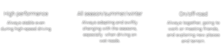 High Performance - Always stable even during high-speed driving , All Season/Summer/Winter - Always adapting and swiftly changing with the seasons, especially when driving on wet and snowy roads. , On/Off-Road - Always together, going to work or meeting friends, and exploring new places and terrain.