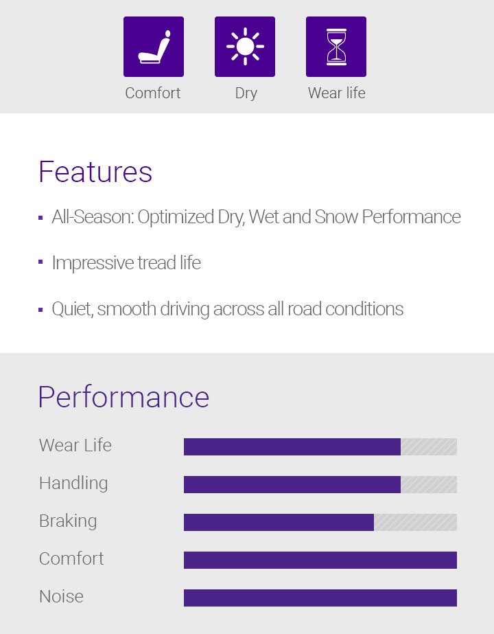 Wet, Wear Life, Dry, Features - 1.Summer : Optimised dry, wet performance, 2.Impressive tread life, 3.Quiet, smooth driving across all road conditions