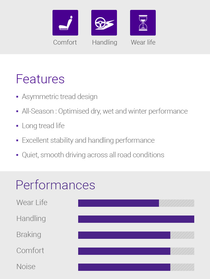 Wet, Dry, Fuel Efficiency, Features - 1.Asymmetric tread design, 2.Summer : Optimised dry, Wet performance, 3.Long tread life, 4.Excellent stability and handling performance, 5.Quiet, smooth driving