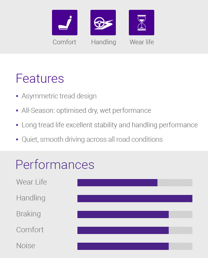 Wet, Dry, Fuel Efficiency, Features - 1.Asymmetric tread design, 2.Summer : Optimised dry, Wet performance, 3.Long tread life, 4.Excellent stability and handling performance, 5.Quiet, smooth driving