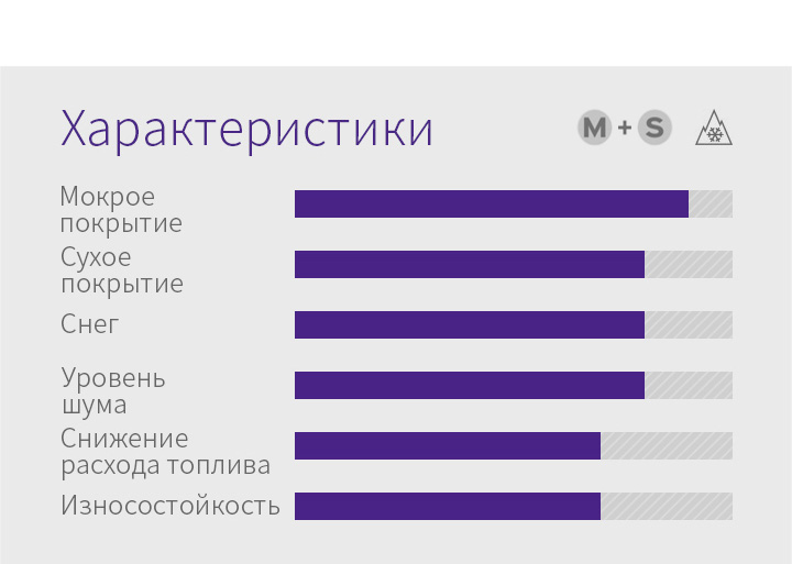 Сухое покрытие, Мокрое покрытие, Снег - 1.Мультифункциональность на любом покрытии* (сухое, мокрое покрытия и снег). Оптимизированные характеристики при движении в любую погоду*., 2.Максимальная безопасность при торможении и исключительная управляемость. Гарантированная безопасность благодаря улучшенным сцепным и тормозным характеристикам., 3.Резиновая смесь с высокими сцепными свойствами:Улучшенное сцепление и управляемость на мокрой дороге.