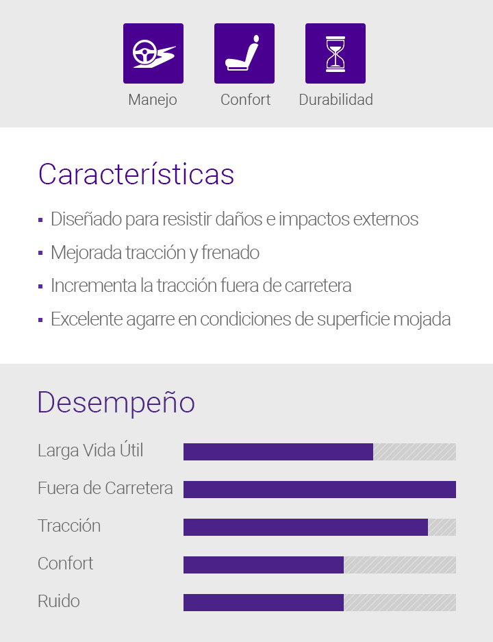 Manejabilidad, frenada, Durabilidad, Características - 1.Optimised rendimiento sobre mojado, la estabilidad y la manipulación 2.Secure, 3.Long pise la vida, durabilidad 4.Improved, 5.Designed para resistir daños externos