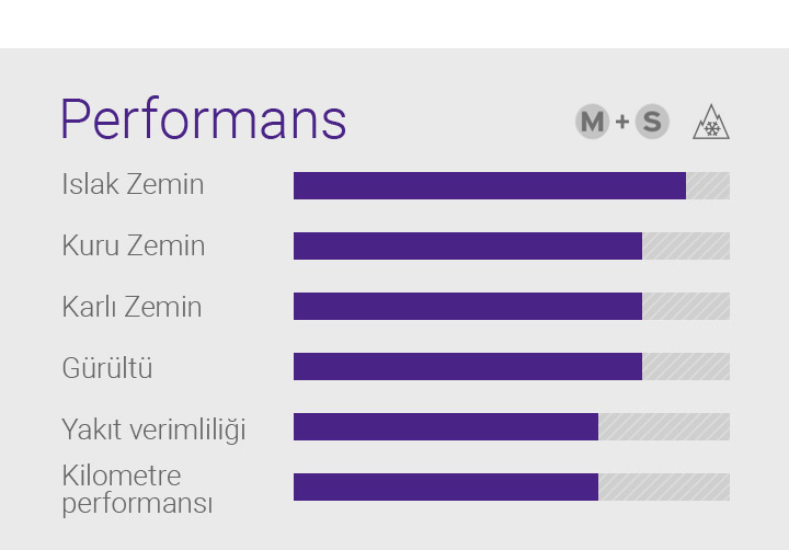 Kuru Zemin, Islak Zemin, Karlı Zemin, Özellikler - 1.Hibrit Performans (Kuru, Islak ve Karlı Zemin): Her hava koşulu için optimize edilmiş sürüş performansı, 2.Çok Yönlü Güvenlik (Frenleme ve Yol tutuş): Geliştirilen tutuş ve direksiyon kontrolü ile emniyetli güvenlik, 3.Yüksek Yol Tutuş Gücü Sağlayan Silika Teknolojisi: Üstün ıslak zemin performansı