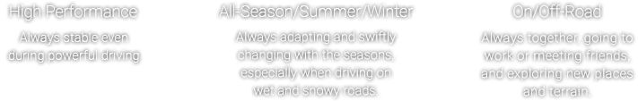 High Performance - Always stable even during high-speed driving , All Season/Summer/Winter - Always adapting and swiftly changing with the seasons, especially when driving on wet and snowy roads. , On/Off-Road - Always together, going to work or meeting friends, and exploring new places and terrain.