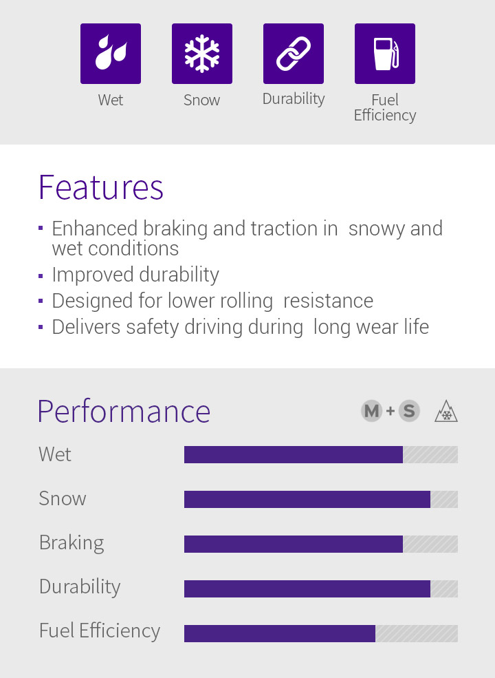 Wet, Snow, Durability, Fuel Efficiency 1.Enhanced braking and traction in snowy and wet conditions. 2.Improved durability 3.Designed for lower rolling  resistance 4.Delivers safety driving during long wear life 