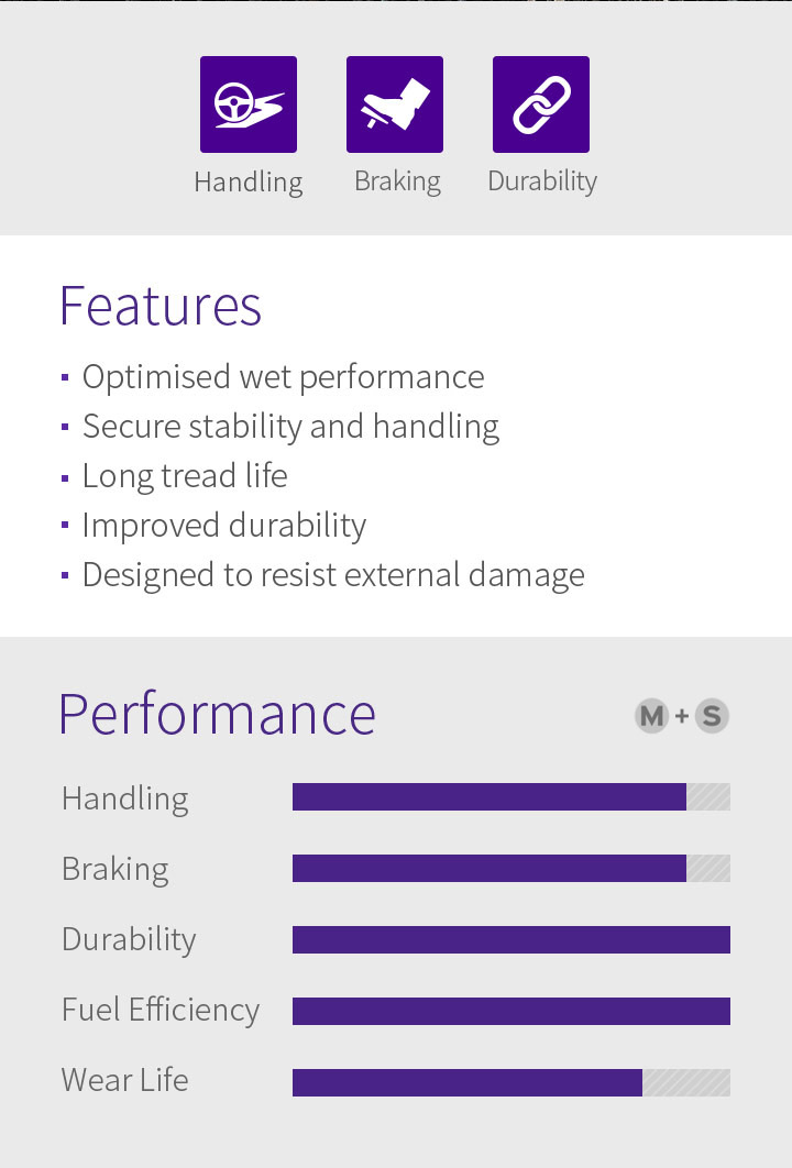 Handling, Braking, Durability, Features - 1.Optimised wet performance, 2.Secure stability and handling, 3.Long tread life, 4.Improved durability, 5.Designed to resist external damage